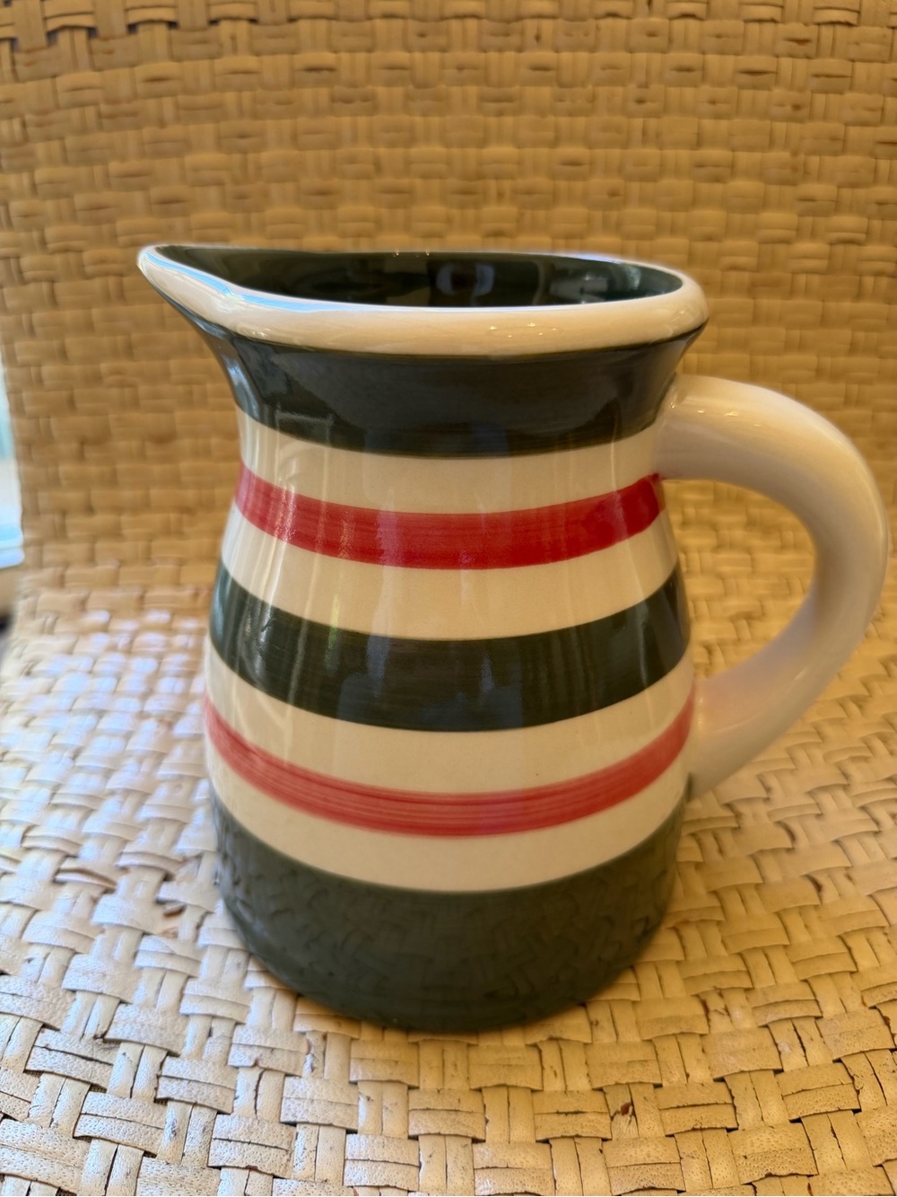 Terramoto Ceramic Striped Pitcher - Cream, Green and Redish  7 1/2 x 6 1/2